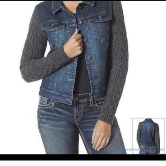 SILVER JEAN CO. Cropped Button Down Wool Sleeve Denim Jacket Y2K 90's Retro M‎ - Picture 1 of 5